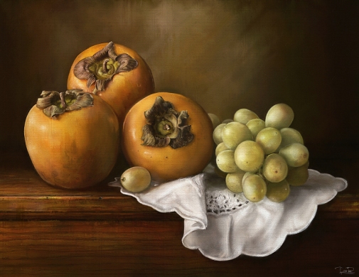 Classic still life with persimmons and grape